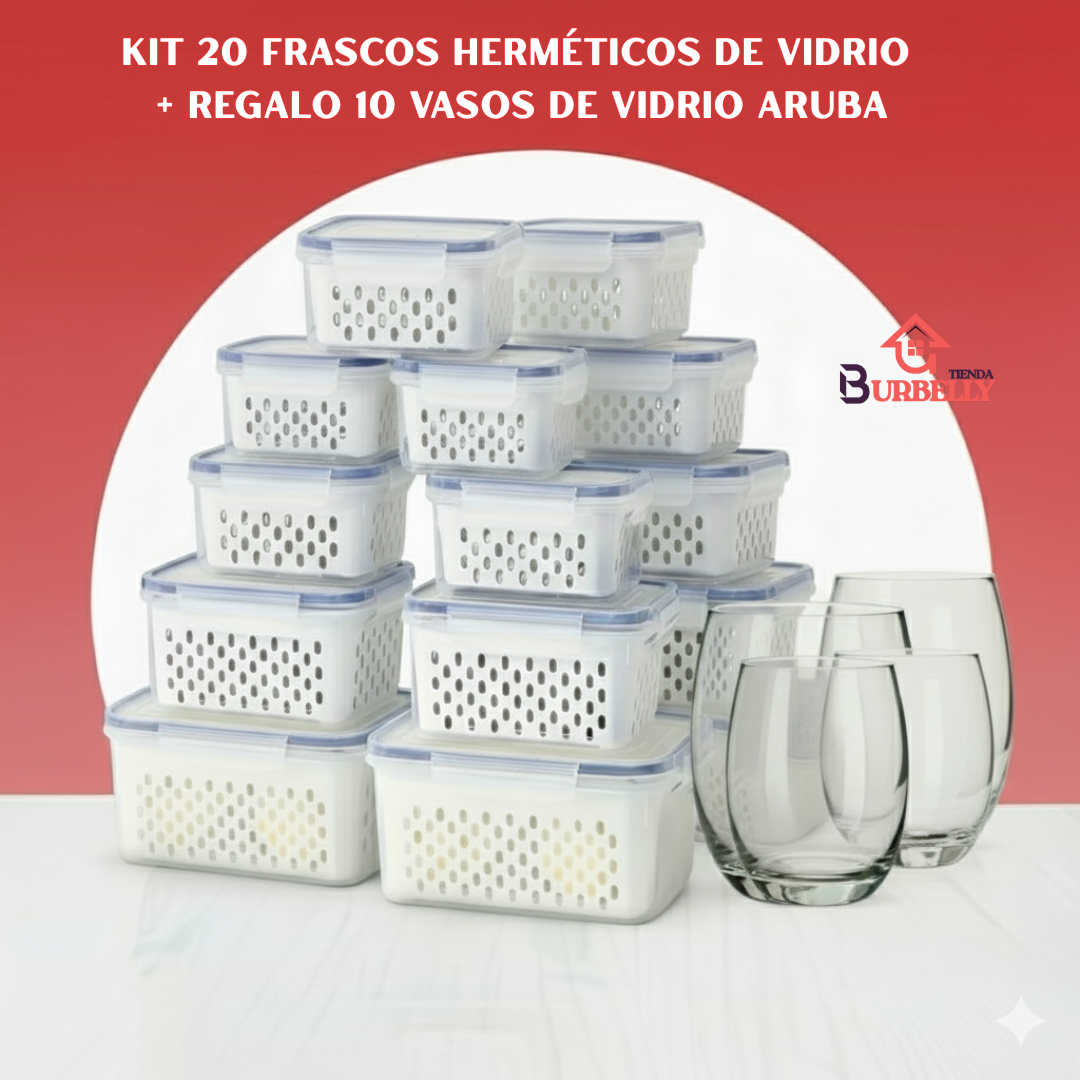 ¡Sólo Por Hoy | Kit 20 Frascos Herméticos de Vidrio + 10 Vasos de Vidrio Aruba de Regalo